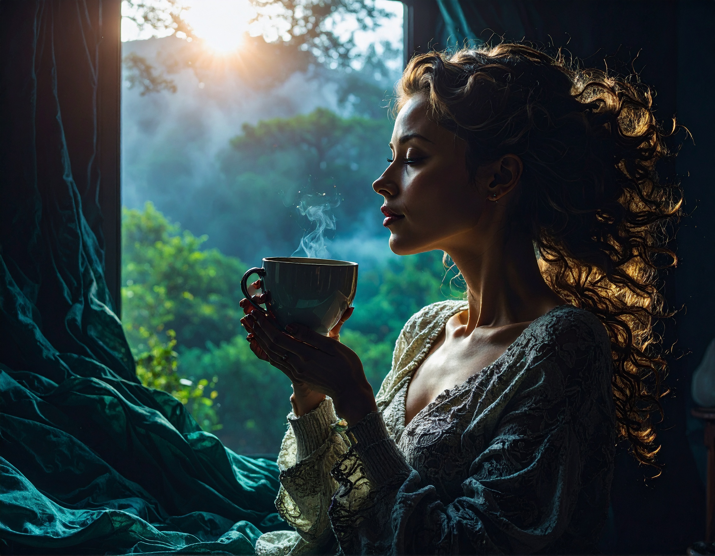 Mulher em perfil segurando uma xícara fumegante junto a uma janela, com o sol ao fundo iluminando seus cabelos. A cena tem uma atmosfera serena e introspectiva, com tecidos esvoaçantes e luz suave destacando os contornos e texturas. A composição é elegante e equilibrada, com foco suave sobre o rosto e a xícara, criando um efeito de profundidade e intimidade.